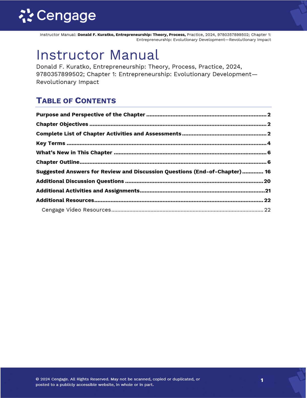 Instructor Manual for Entrepreneurship Theory, Process, Practice 12th Edition By Donald Kuratko (All Chapters, 100% Original Verified, A+ Grade)
