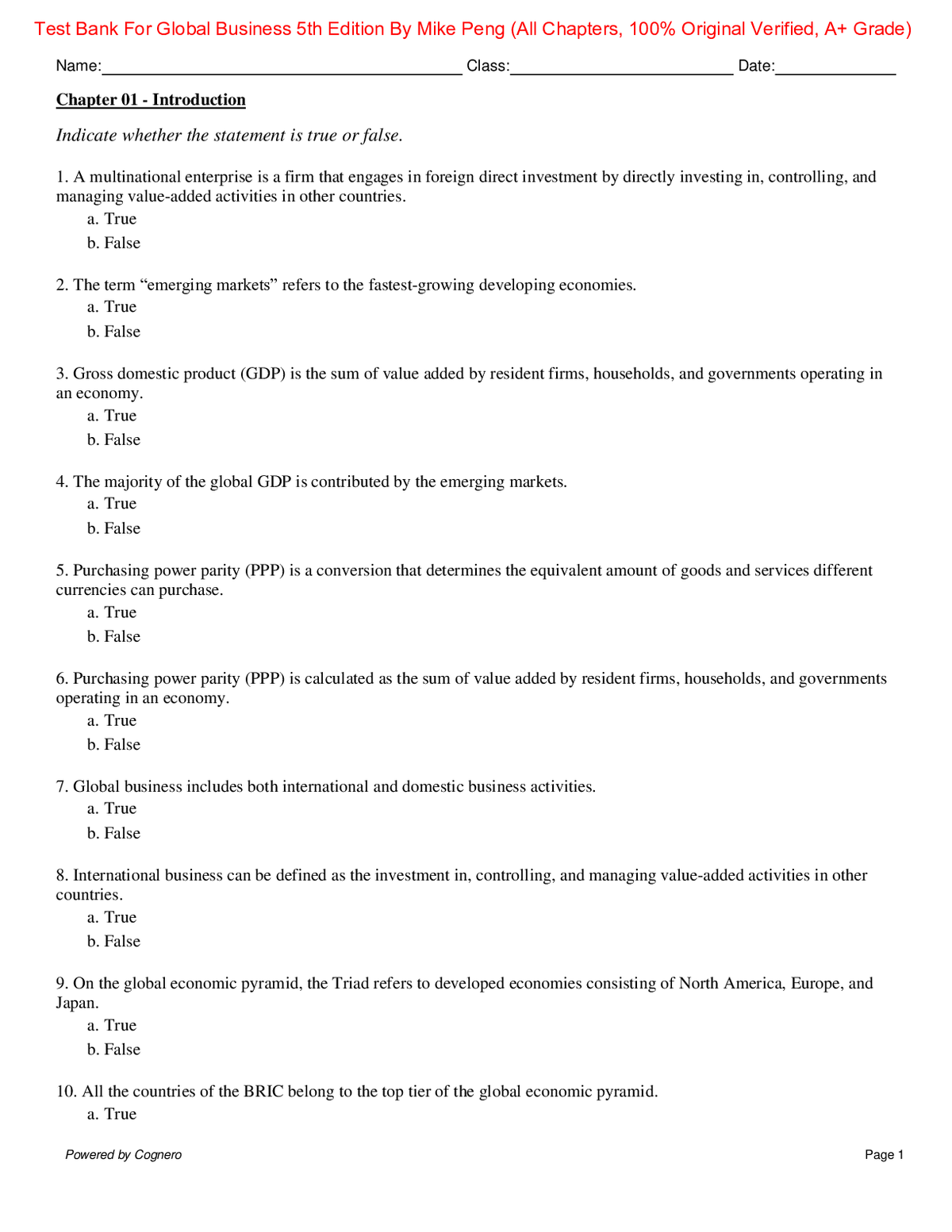 Test Bank for Global Business 5th Edition By Mike Peng (All Chapters, 100% Original Verified, A+ Grade)