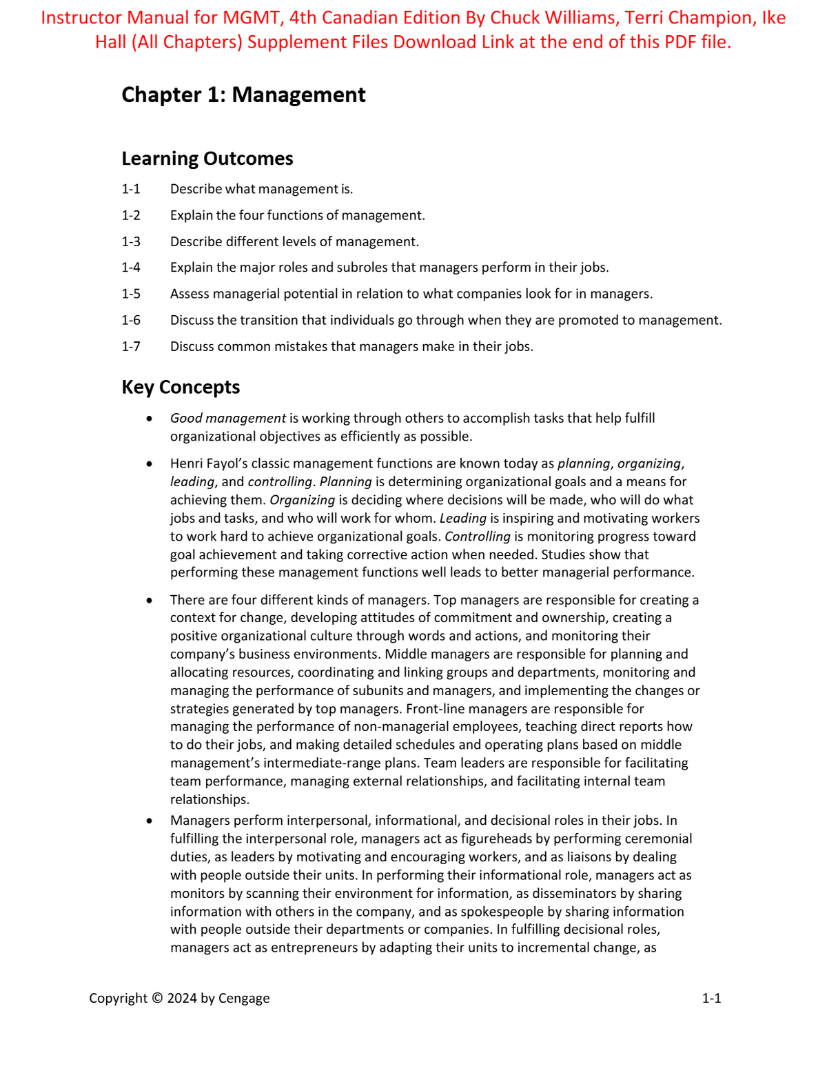 Instructor Manual for MGMT 4th Canadian Edition By Chuck Williams, Terri Champion, Ike Hall (All Chapters, 100% Original Verified, A+ Grade)