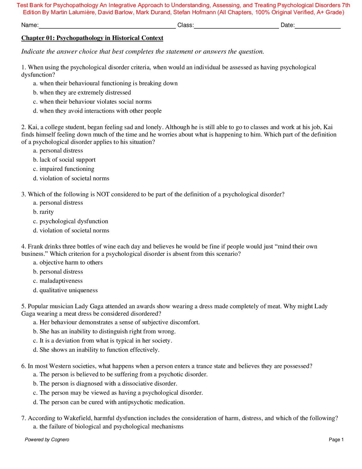 Test Bank for Psychopathology An Integrative Approach to Understanding, Assessing, and Treating Psychological Disorders 7th Edition By Martin Lalumière, David Barlow, Mark Durand, Stefan Hofmann (All Chapters, 100% Original Verified, A+ Grade)