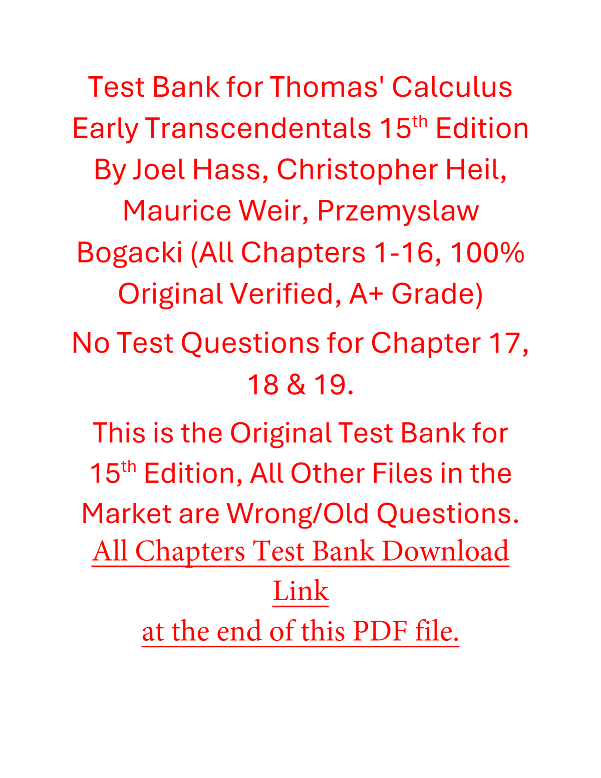 Test Bank for Thomas' Calculus Early Transcendentals 15th Edition By Joel Hass, Christopher Heil, Maurice Weir, Przemyslaw Bogacki | All Chapters Complete