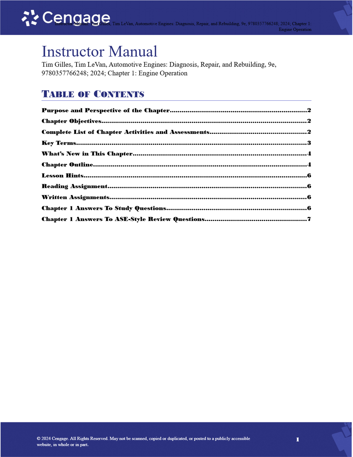 Instructor Manual for Automotive Engines Diagnosis, Repair, and Rebuilding 9th Edition By Tim Gilles, Tim LeVan (All Chapters, 100% Original Verified, A+ Grade)