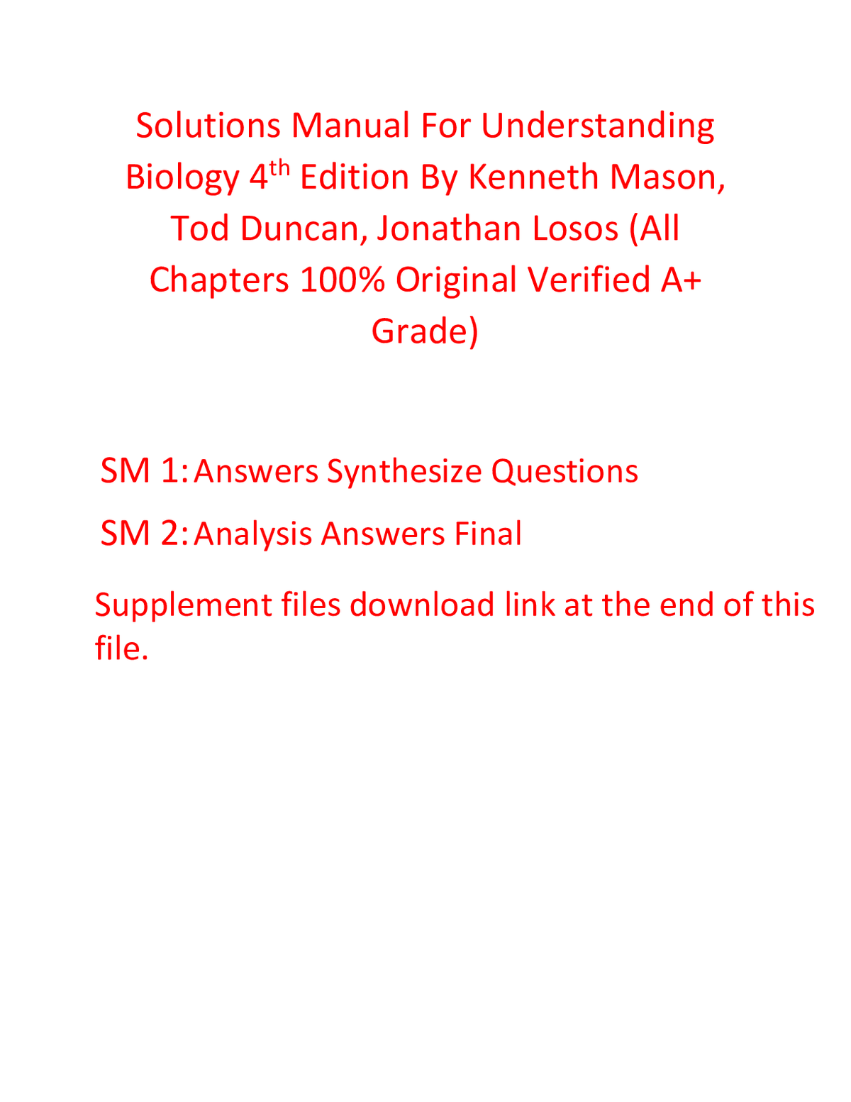 Solutions Manual For Understanding Biology 4th Edition By Kenneth Mason, Tod Duncan, Jonathan Losos (All Chapters 100% Original Verified A+ Grade)