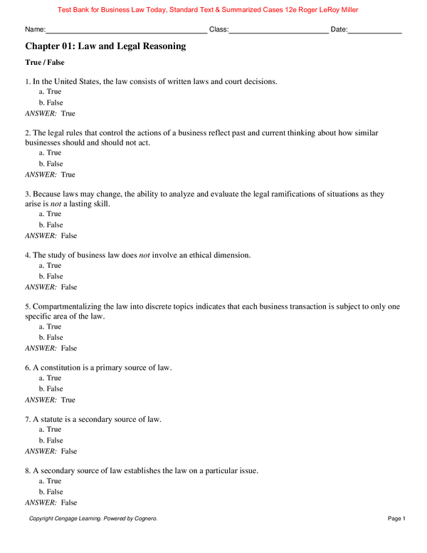 Test Bank for Business Law Today, Standard Text & Summarized Cases 12th Edition By Roger LeRoy Miller (All Chapters 100% Original Verified, A+ Grade)