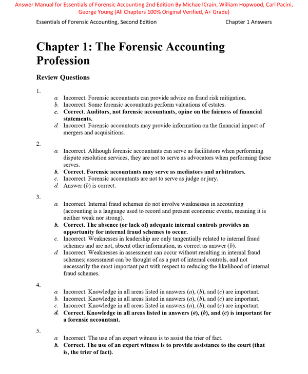 Solutions Manual for Essentials of Forensic Accounting 2nd Edition By Michae lCrain, William Hopwood, Carl Pacini, George Young (All Chapters 100% Original Verified, A+ Grade)