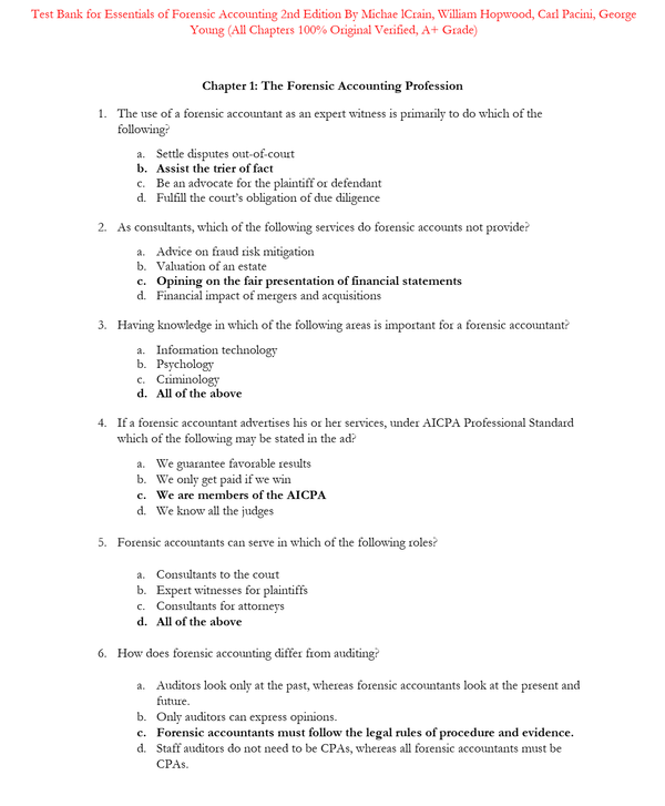 Test Bank for Essentials of Forensic Accounting 2nd Edition By Michae lCrain, William Hopwood, Carl Pacini, George Young (All Chapters 100% Original Verified, A+ Grade)