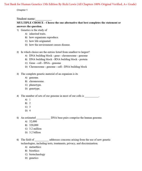 Test Bank for Human Genetics 13th Edition By Ricki Lewis (All Chapters 100% Original Verified, A+ Grade)