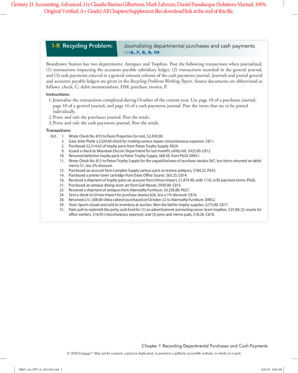 Solutions Manual for Century 21 Accounting, Advanced 11th Edition by Claudia Bienias Gilbertson, Mark Lehman, Daniel Passalacqua (All Chapters 100% Original Verified, A+ Grade)