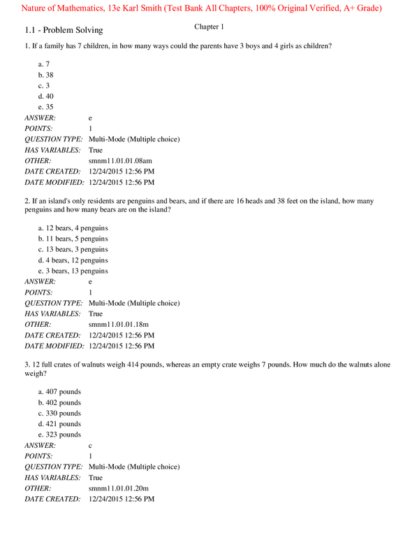 Test Bank for Nature of Mathematics 13th Edition By Karl Smith (All Chapters, 100% Original Verified, A+ Grade)
