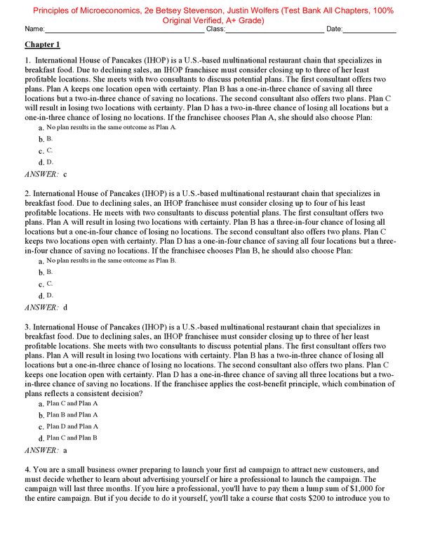 Test Bank for Principles of Microeconomics 2th Edition By Betsey Stevenson, Justin Wolfers (Macmillan, 2023) (All Chapters, 100% Original Verified, A+ Grade)