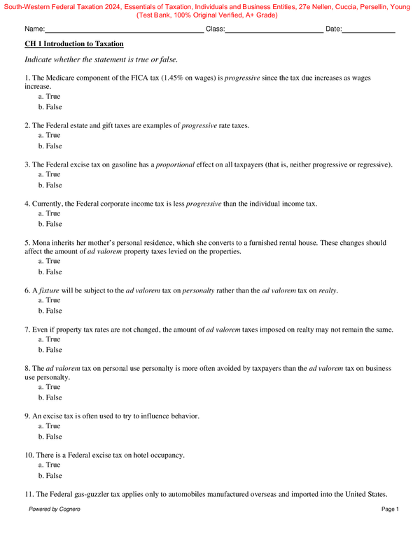 Test Bank for South-Western Federal Taxation 2024, Essentials of Taxation, Individuals and Business Entities 27th Edition By Nellen, Cuccia, Persellin, Young (All Chapters, 100% Original Verified, A+ Grade)
