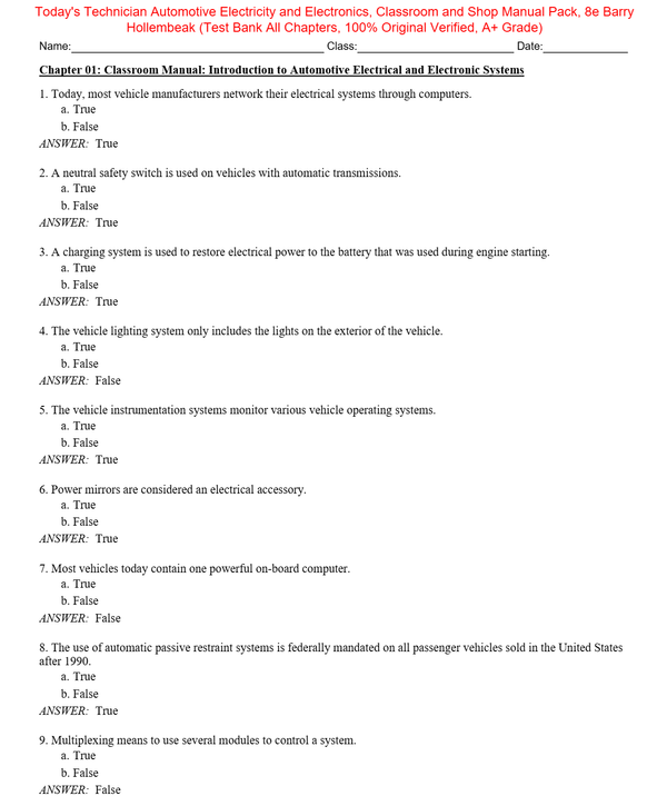 Test Bank for Today's Technician Automotive Electricity and Electronics, Classroom and Shop Manual Pack 8th Edition By Barry Hollembeak (All Chapters, 100% Original Verified, A+ Grade)