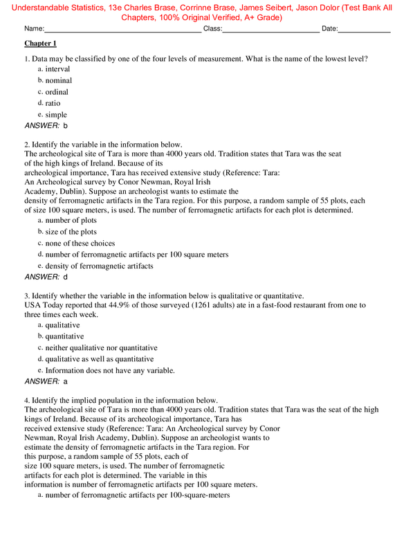 Test Bank for Understandable Statistics 13th Edition By Charles Brase, Corrinne Brase, James Seibert, Jason Dolor (All Chapters, 100% Original Verified, A+ Grade)