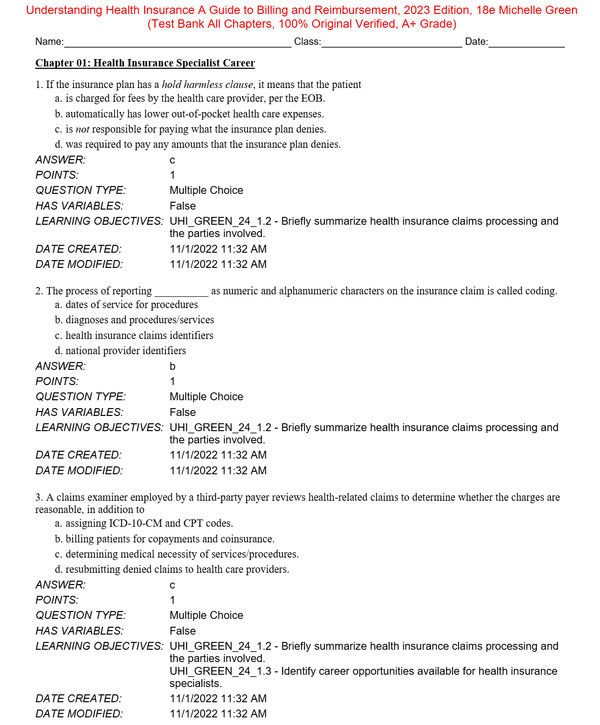 Test Bank for Understanding Health Insurance A Guide to Billing and Reimbursement (2023 Edition) 18th Edition By Michelle Green (All Chapters, 100% Original Verified, A+ Grade)