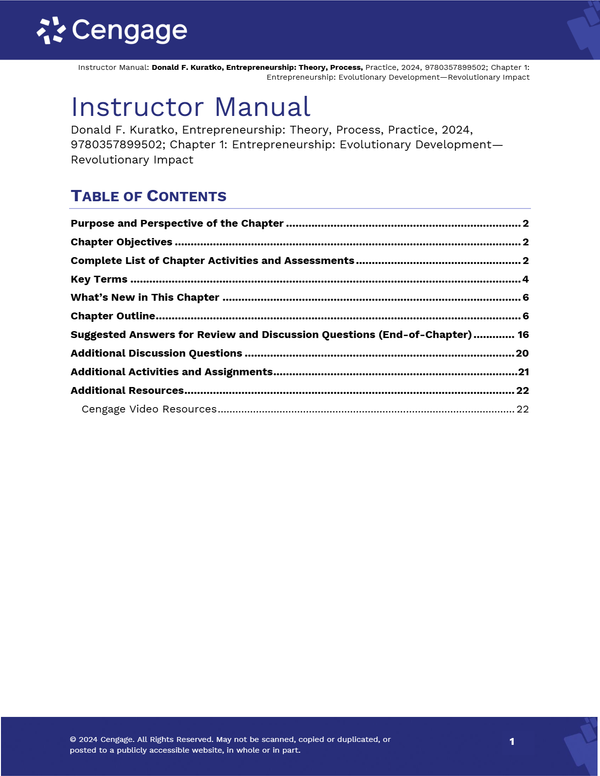 Instructor Manual for Entrepreneurship Theory, Process, Practice 12th Edition By Donald Kuratko (All Chapters, 100% Original Verified, A+ Grade)