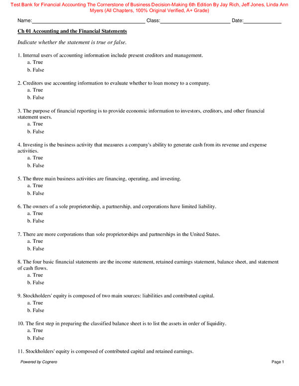 Test Bank for Financial Accounting The Cornerstone of Business Decision-Making 6th Edition By Jay Rich, Jeff Jones, Linda Ann Myers (All Chapters, 100% Original Verified, A+ Grade)