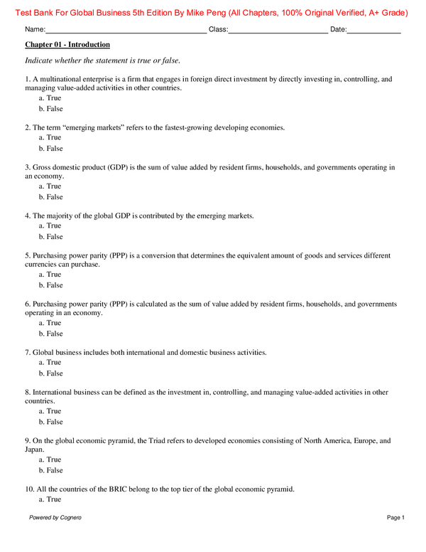 Test Bank for Global Business 5th Edition By Mike Peng (All Chapters, 100% Original Verified, A+ Grade)