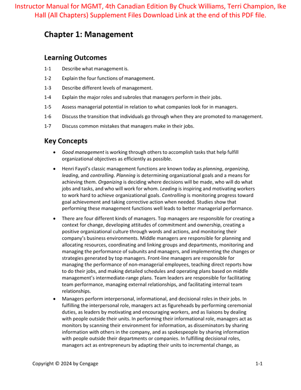Instructor Manual for MGMT 4th Canadian Edition By Chuck Williams, Terri Champion, Ike Hall (All Chapters, 100% Original Verified, A+ Grade)
