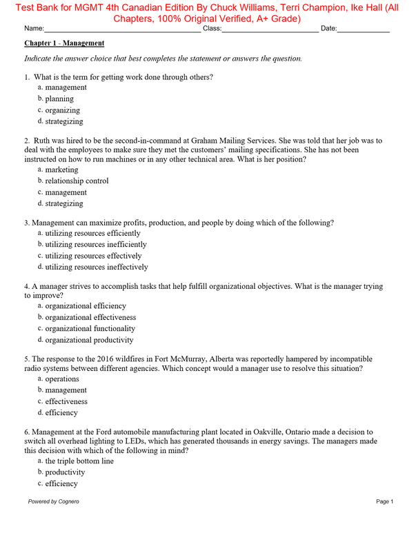 Test Bank for MGMT 4th Canadian Edition By Chuck Williams, Terri Champion, Ike Hall | All Chapters 1-18