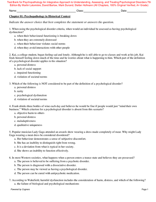 Test Bank for Psychopathology An Integrative Approach to Understanding, Assessing, and Treating Psychological Disorders 7th Edition By Martin Lalumière, David Barlow, Mark Durand, Stefan Hofmann (All Chapters, 100% Original Verified, A+ Grade)