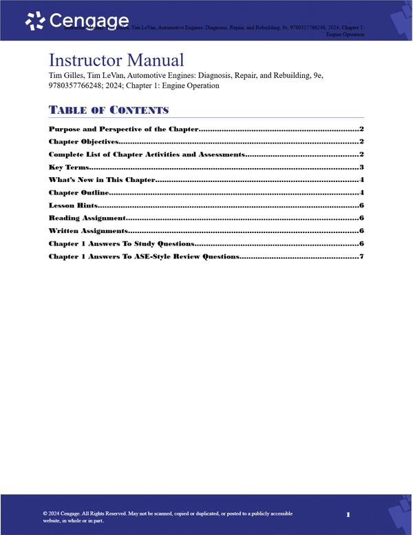 Instructor Manual for Automotive Engines Diagnosis, Repair, and Rebuilding 9th Edition By Tim Gilles, Tim LeVan (All Chapters, 100% Original Verified, A+ Grade)