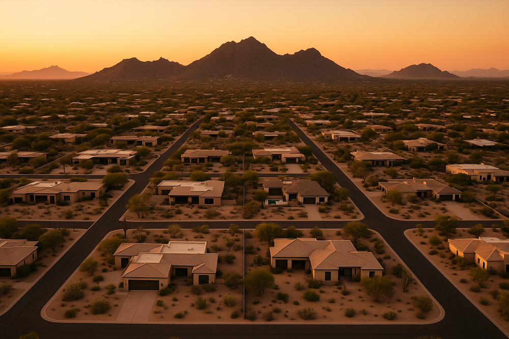 view of a desert residential neighborhood at golden hour, mountain silhouettes in the background, manicured lots visible from