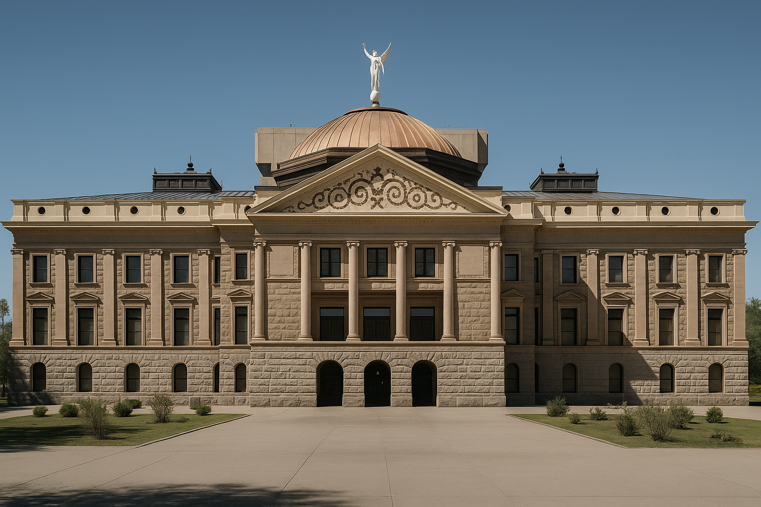 of the Arizona State Capitol dome at midday, clear blue sky, no people