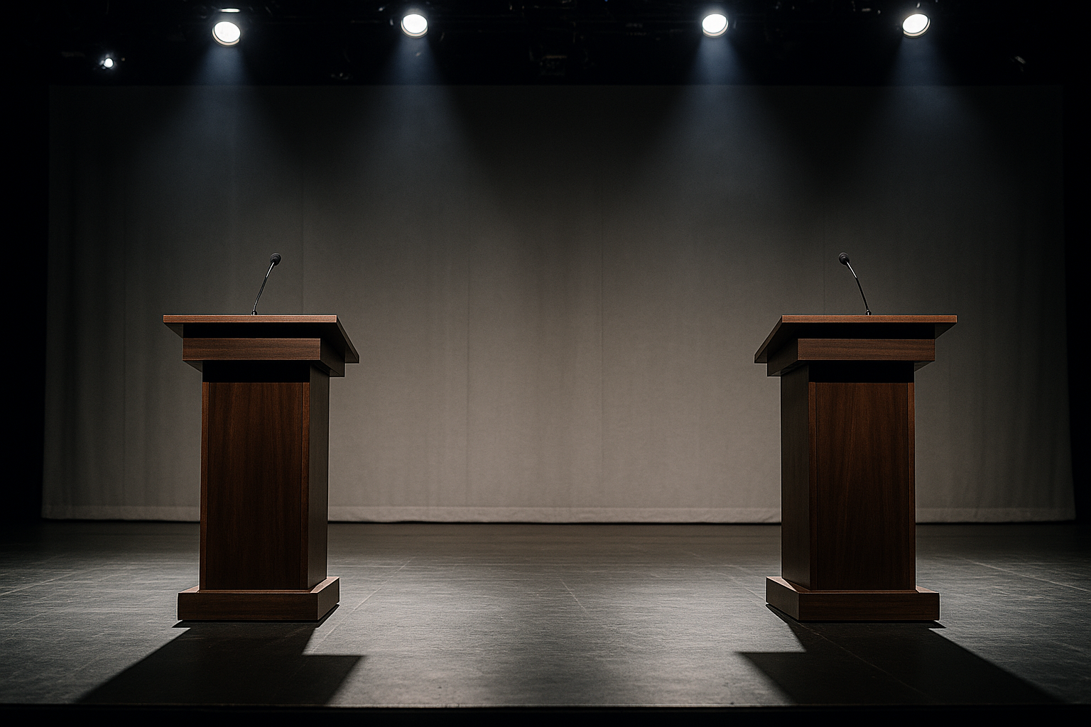 Empty debate stage with two podiums under bright lights, neutral background, no people