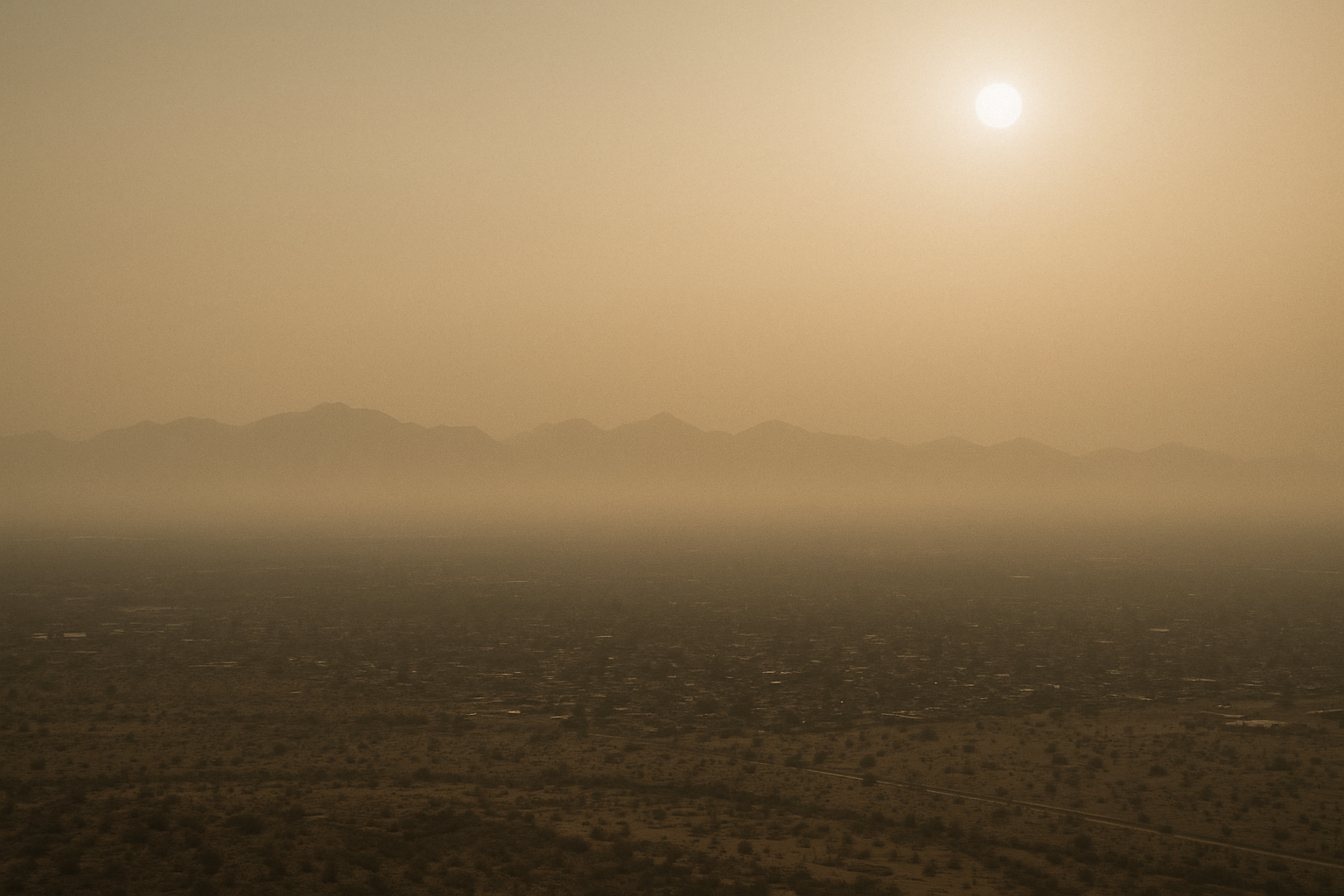 of a hazy Phoenix valley at midday, mountains barely visible through brownish smog, no people