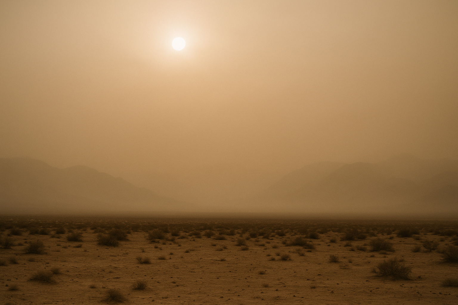 of a hazy brown sky over a desert valley at midday, sun diffused through smog, no people, no text