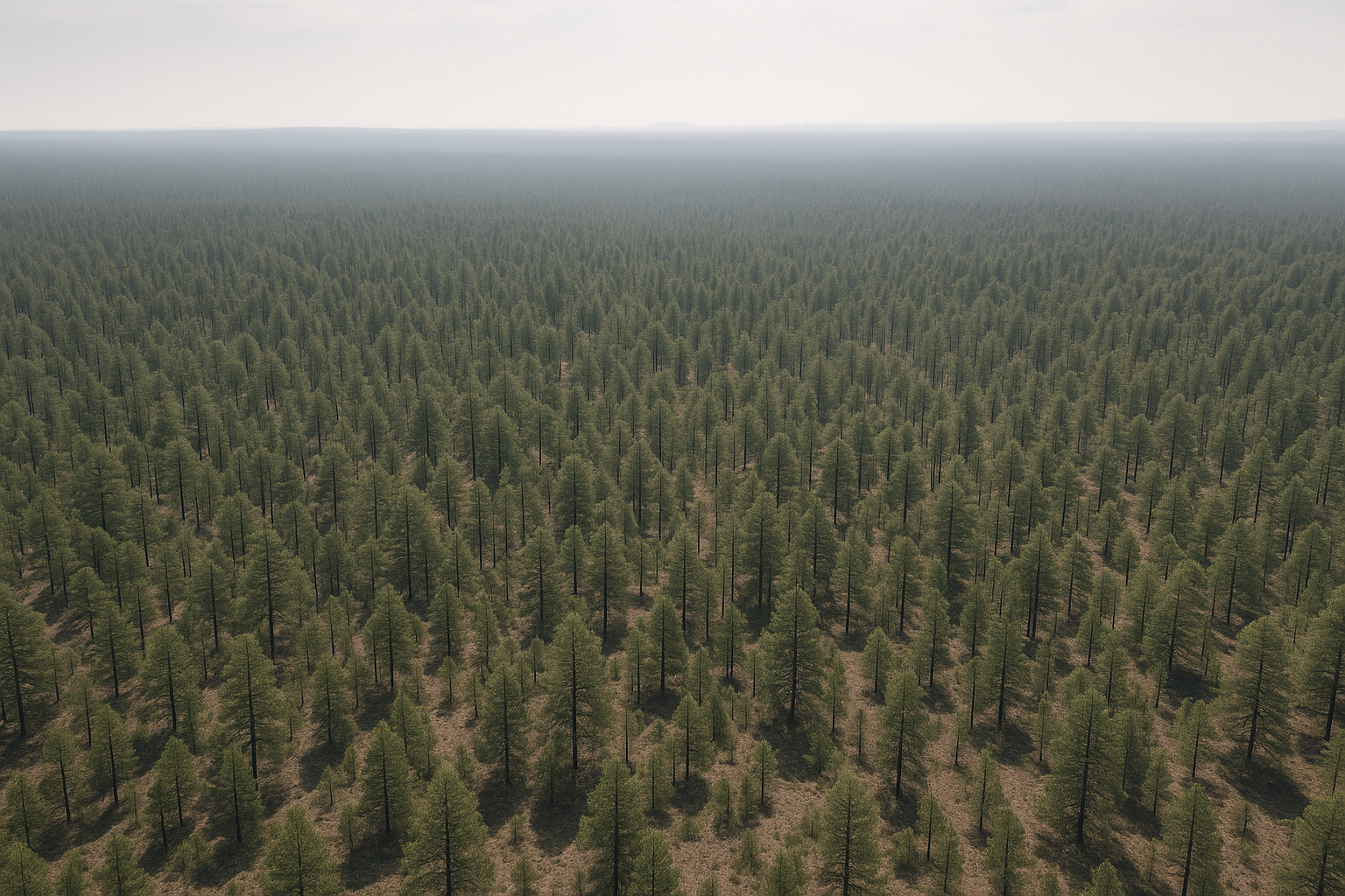 Wide aerial view of a dry ponderosa pine forest in northern Arizona under a hazy summer sky, no people, no text