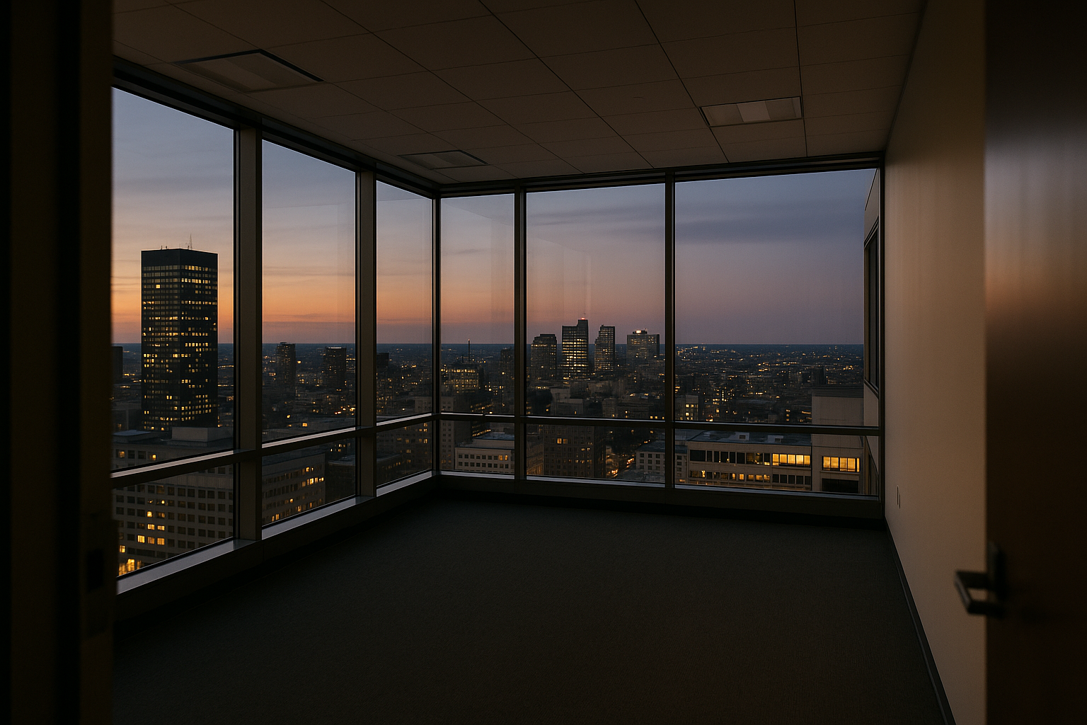 Empty glass-walled corner office at dusk, city lights visible through floor-to-ceiling windows, no people