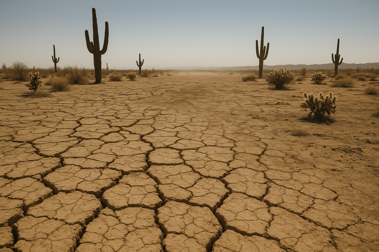 of a dry desert landscape at midday, heat shimmer rising from cracked earth, Sonoran cacti in the foreground, pale blue sky a
