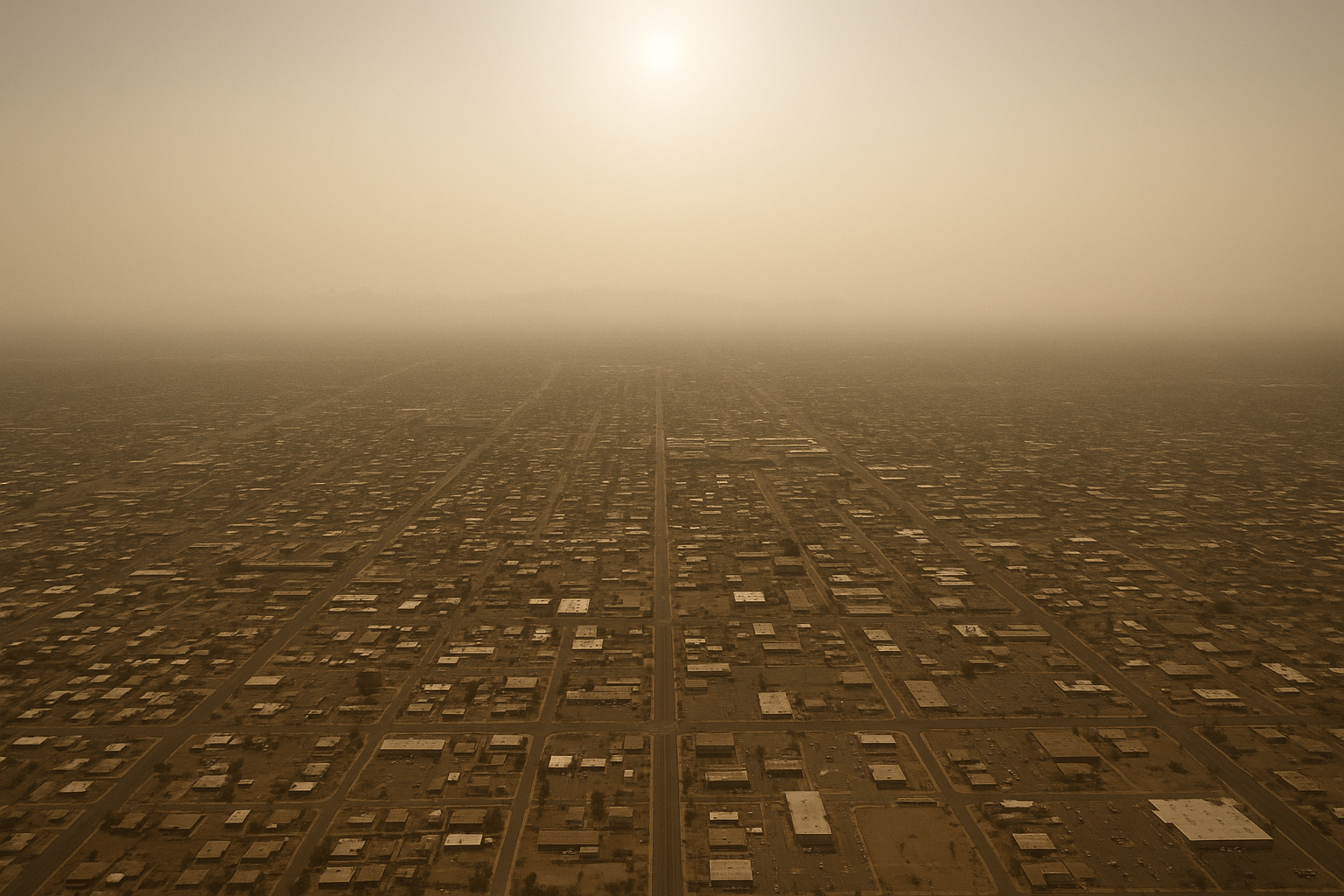 Wide aerial view of a hazy desert valley at midday, brown smog layer visible over a flat urban grid, mountains faint in the b