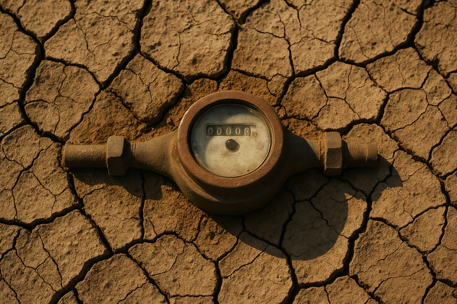 of a municipal water meter embedded in dry desert soil, warm afternoon light, no people