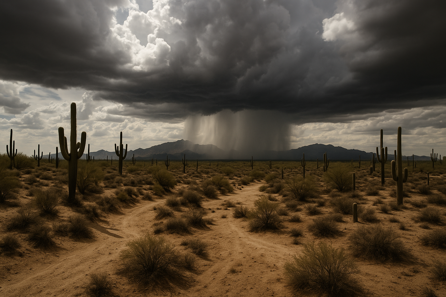 of a desert wash in the Phoenix area at midday, dark storm clouds building over distant mountains, saguaro cactus in the fore