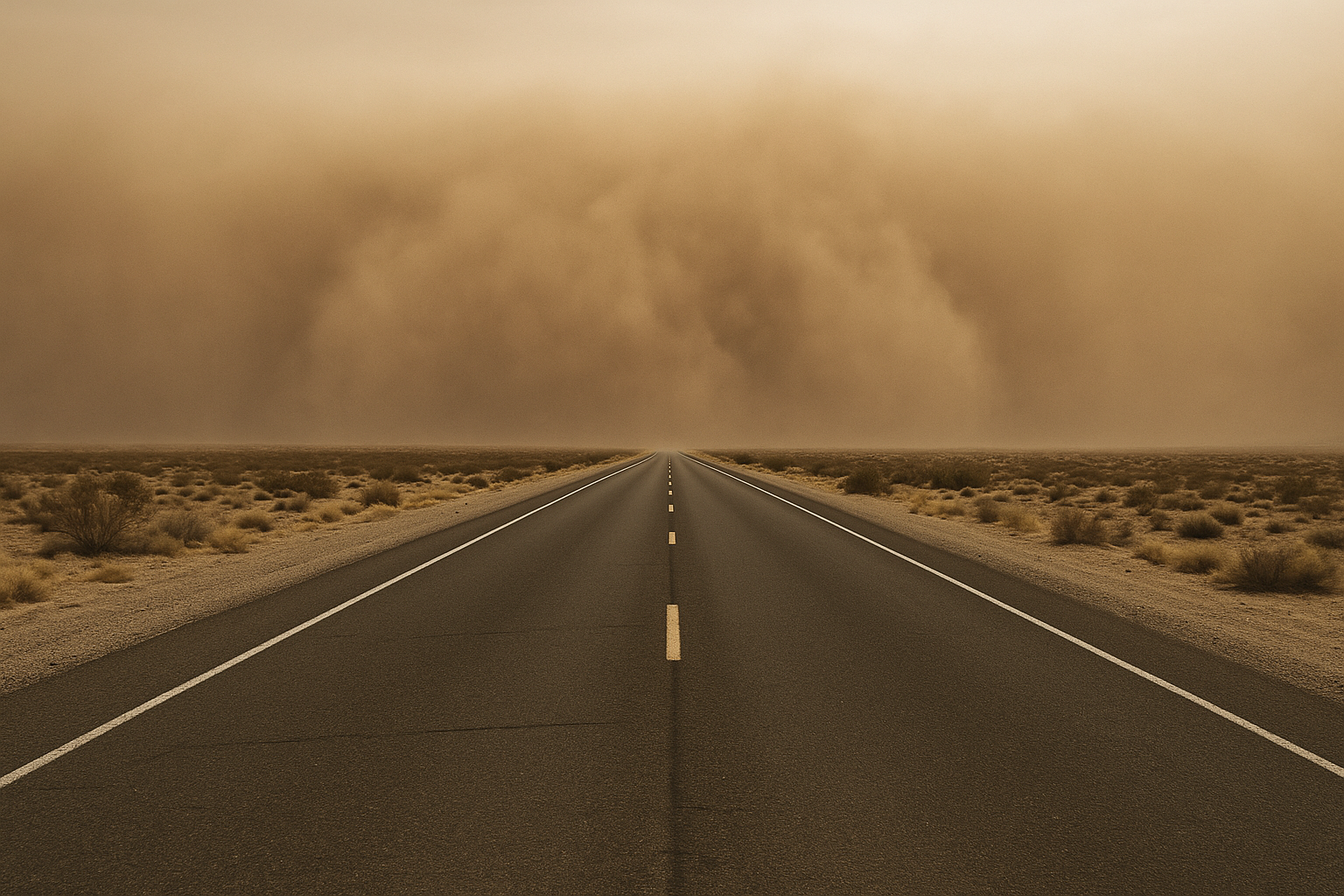 Wide desert highway stretching toward a brown dust wall on the horizon under a hazy Arizona sky, no people, no vehicles