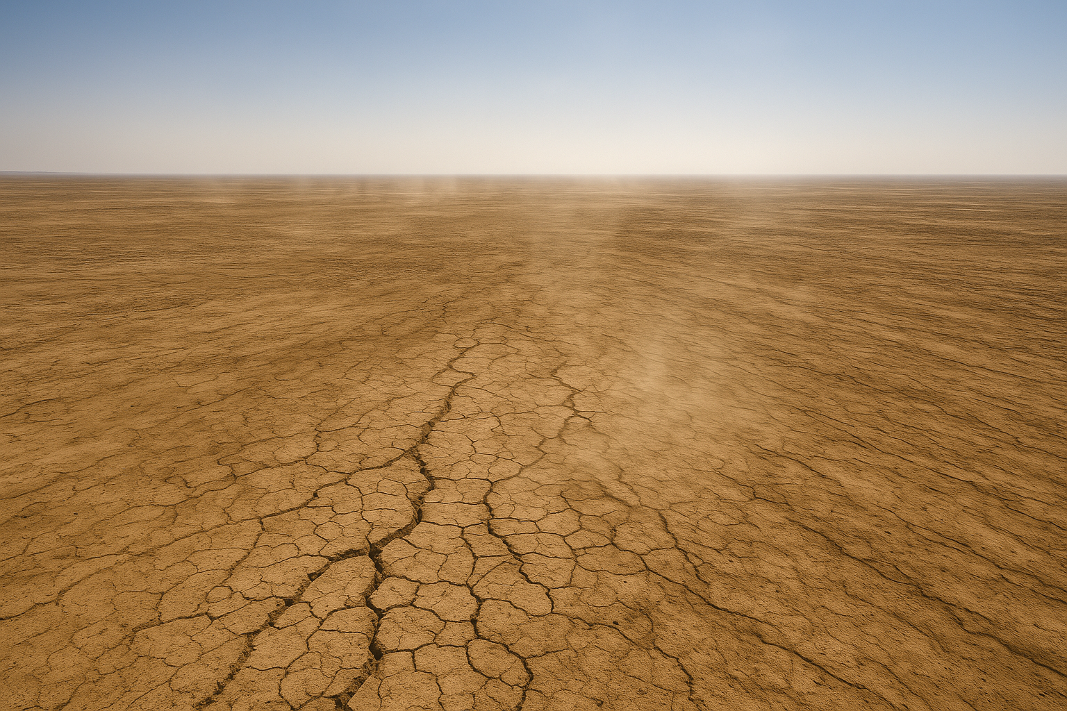 Wide aerial view of a sun-bleached desert landscape at midday, heat shimmer rising from cracked earth, pale blue sky with no