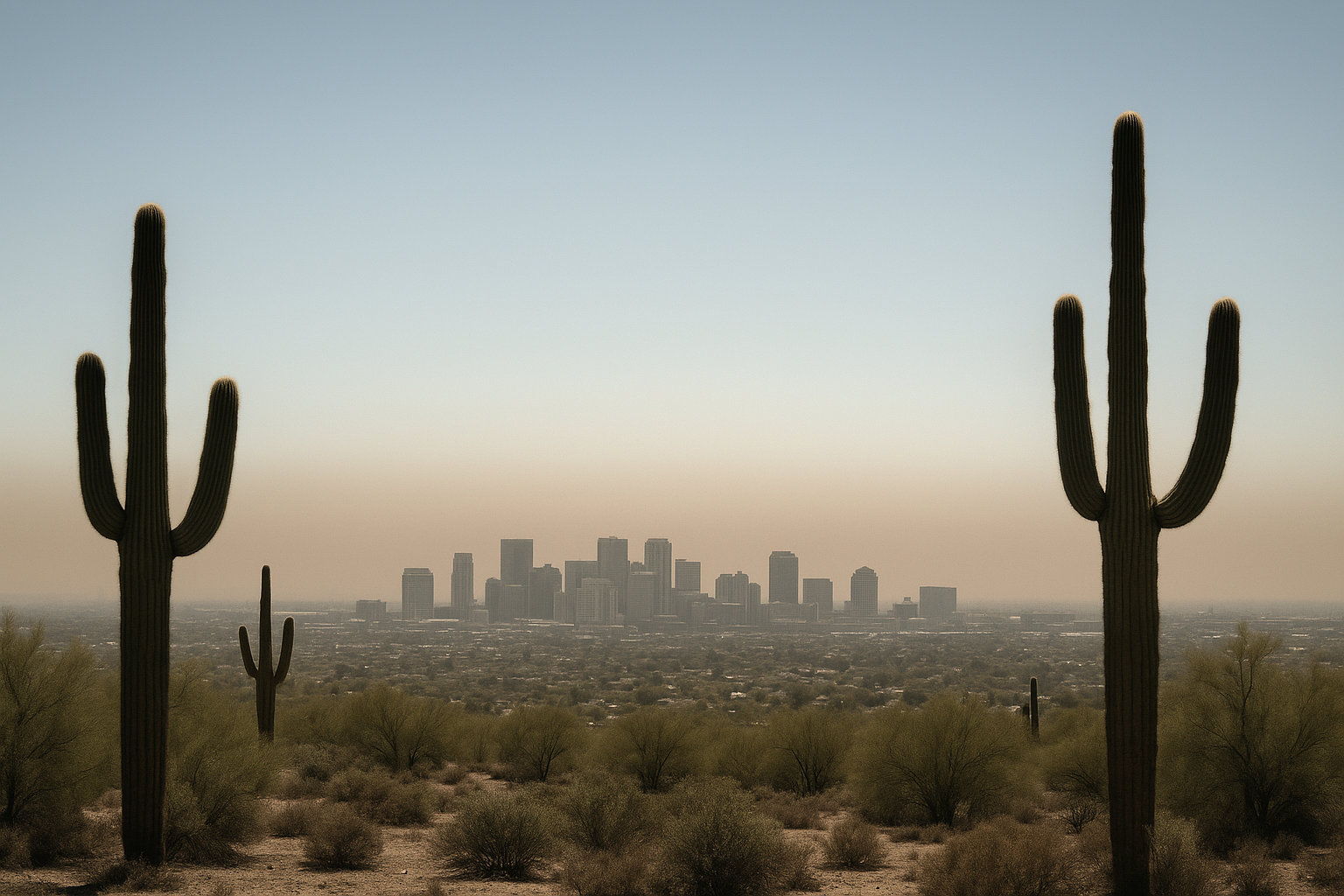 of a hazy Phoenix-area desert skyline at midday, brown smog layer visible against pale blue sky, saguaro cactus silhouettes i