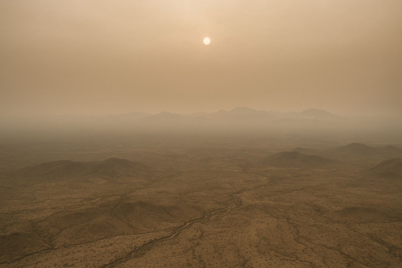 Wide aerial view of a hazy brown sky over a desert valley at midday, sun diffused through smog, no people or identifiable str
