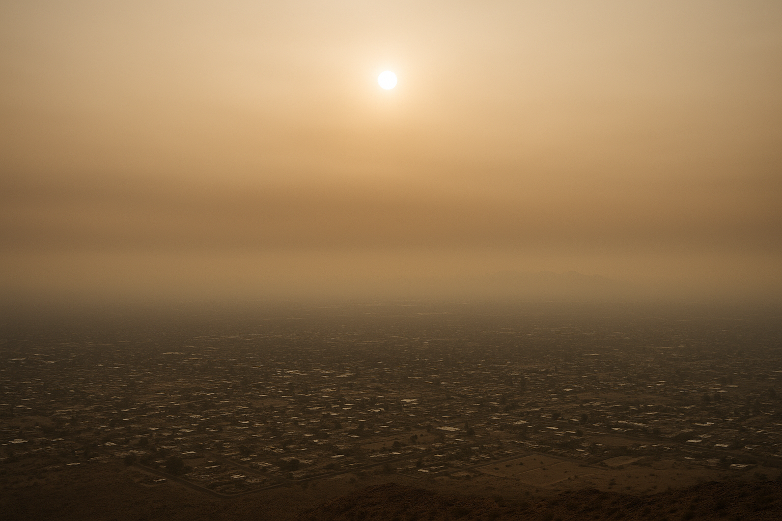 of a hazy desert sky over a flat urban valley at midday, sun diffused through brownish-orange smog, no people