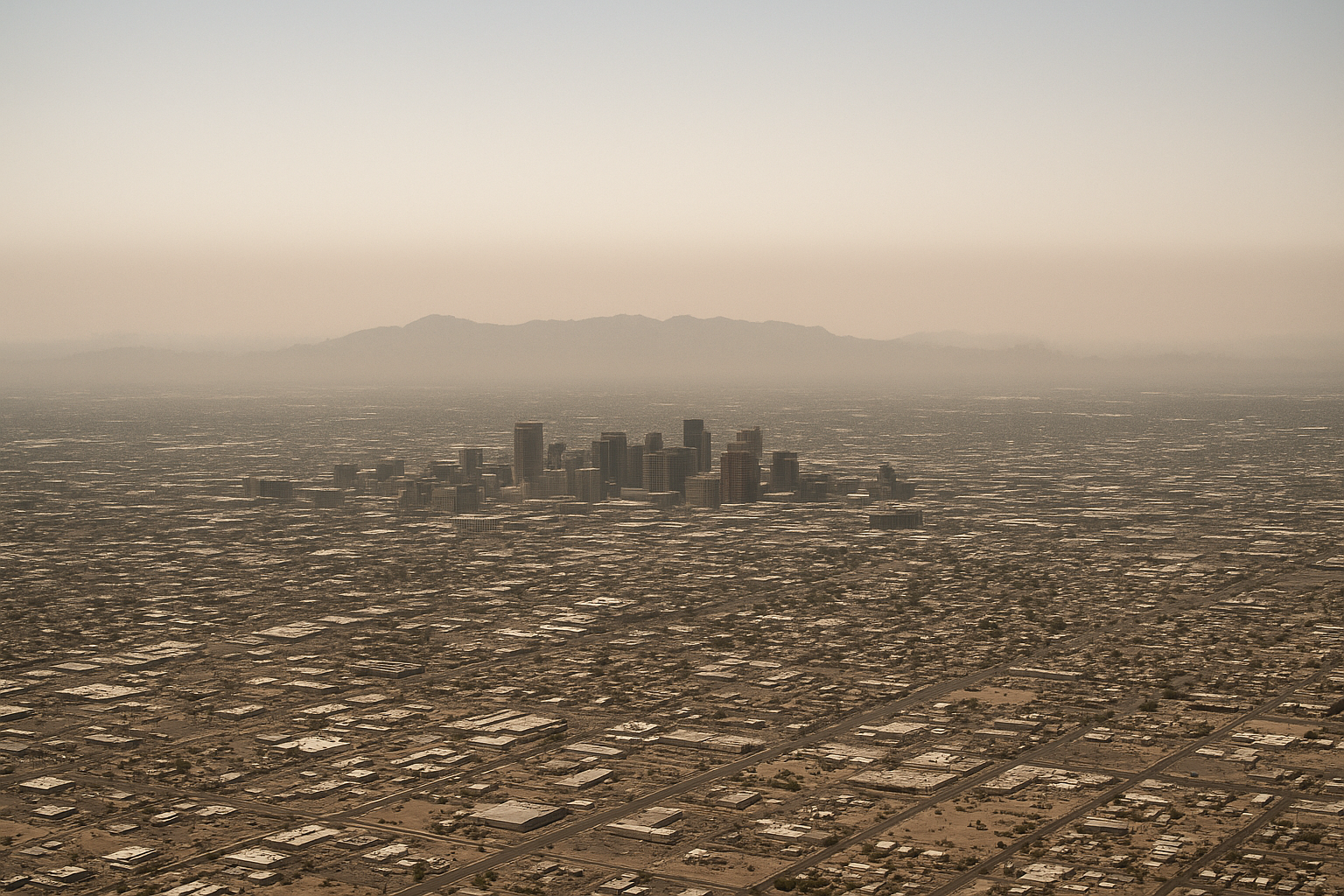 Wide aerial view of a hazy desert city skyline at midday, brown smog layer visible against a pale blue sky, no people