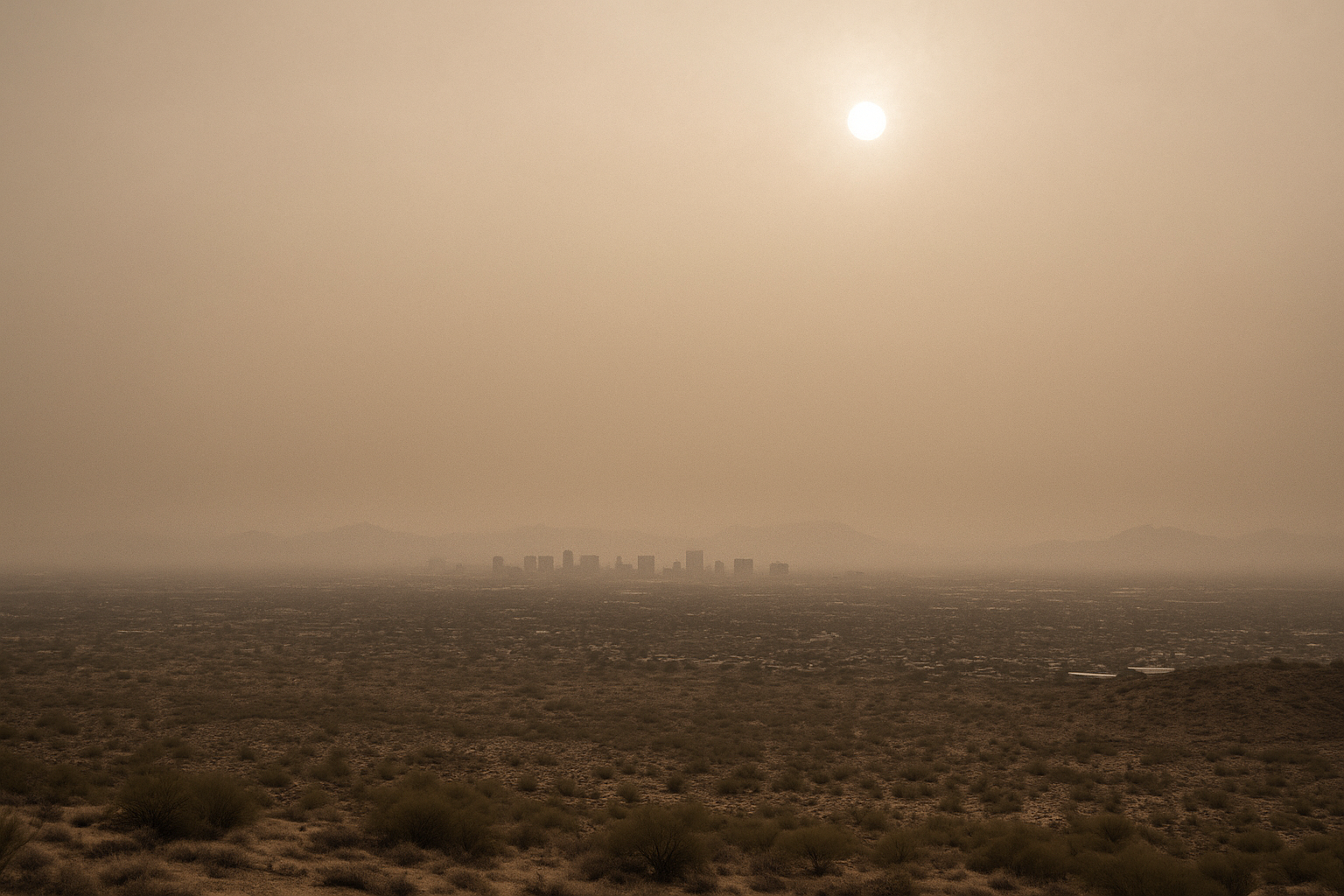 of a hazy Phoenix-area sky at midday, sun diffused through brownish smog, desert landscape below