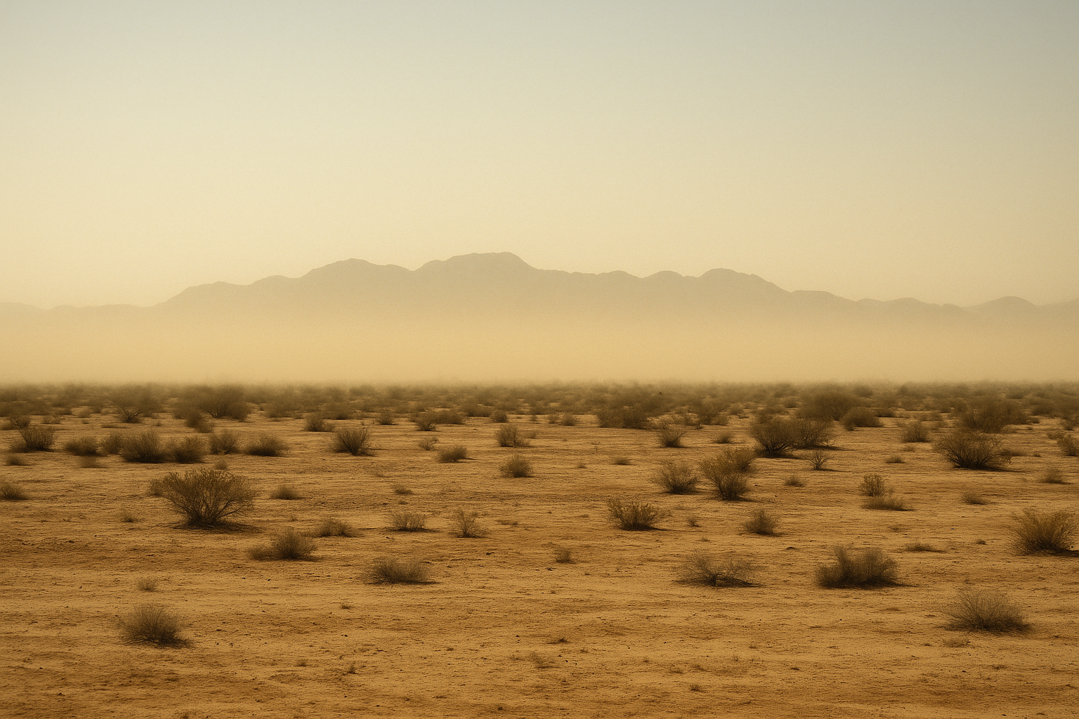 Wide desert landscape at midday with a tan dust haze obscuring distant mountains, pale yellow sky, no people