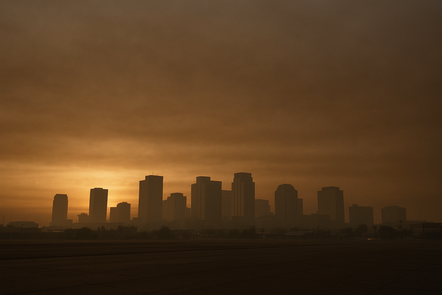 of a hazy Phoenix morning skyline at sunrise, brown particulate haze visible in the air, no people, no text