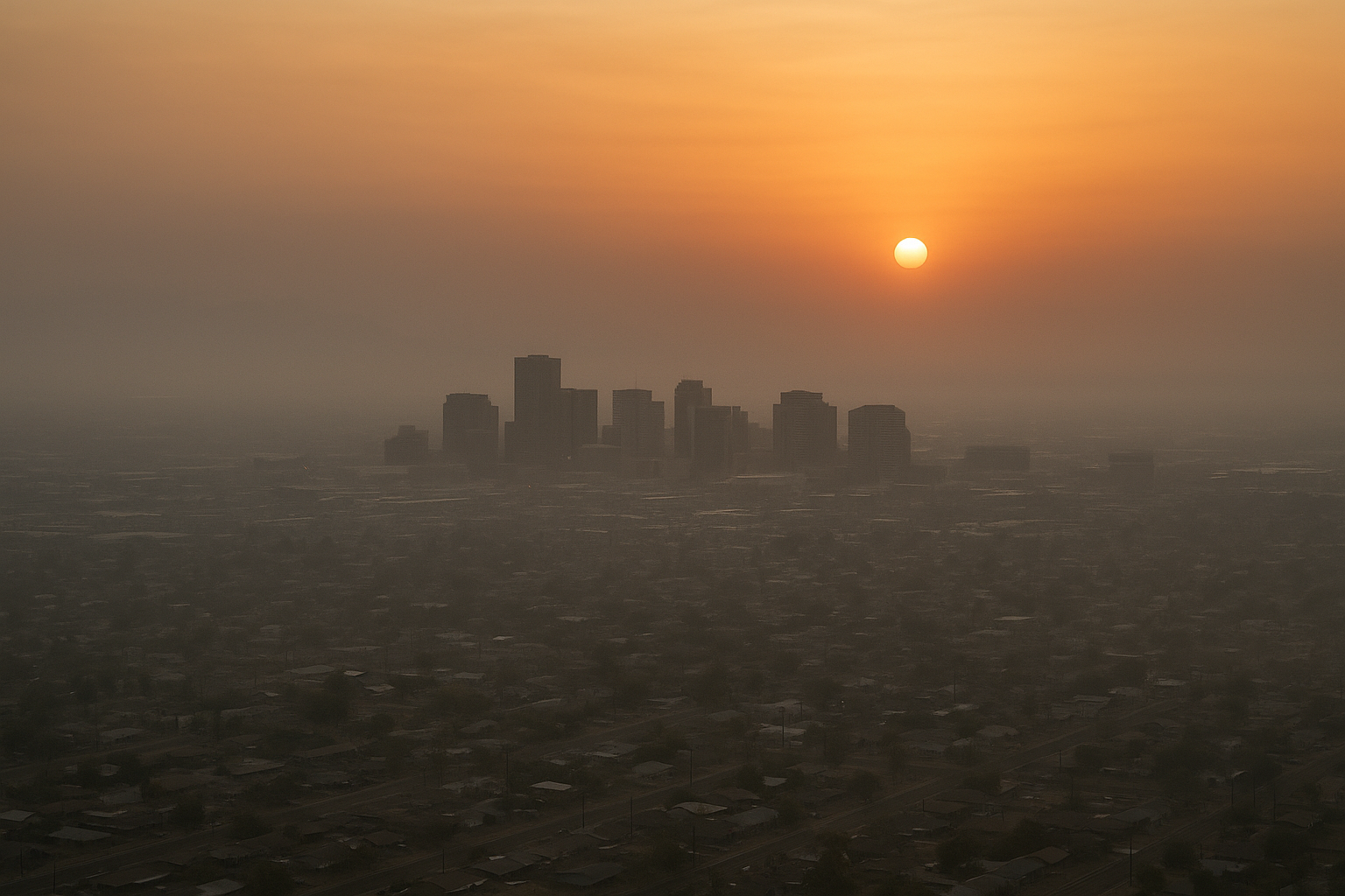 Wide aerial view of a hazy desert city skyline at dawn, orange and brown tones, no people, no text