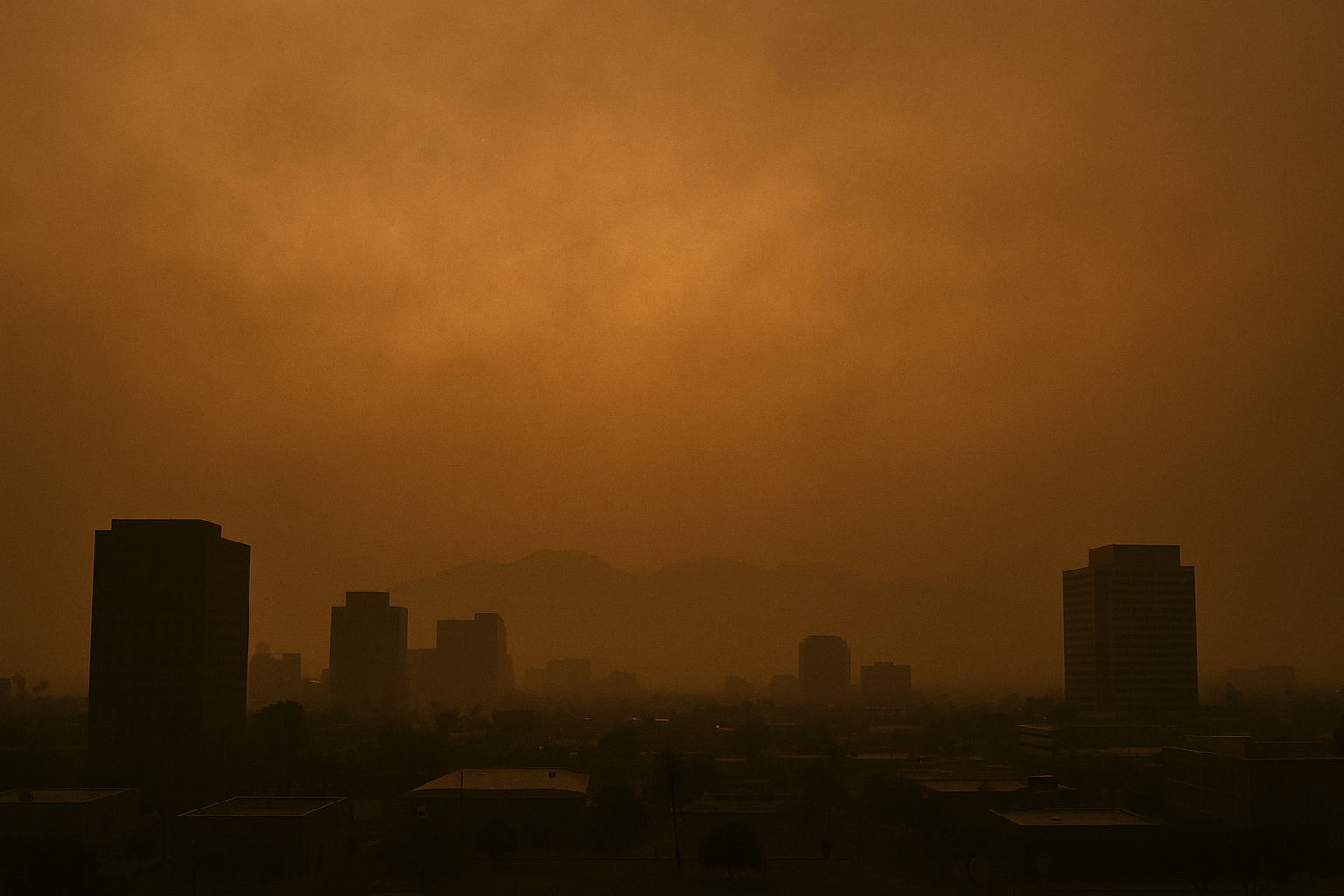 of a hazy desert skyline at pre-dawn, orange-brown particulate haze obscuring distant mountains, no people