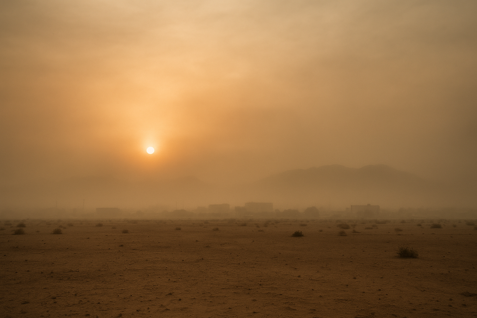 of a hazy desert skyline at dawn, orange-tinged sky with diffuse light, no people, no text