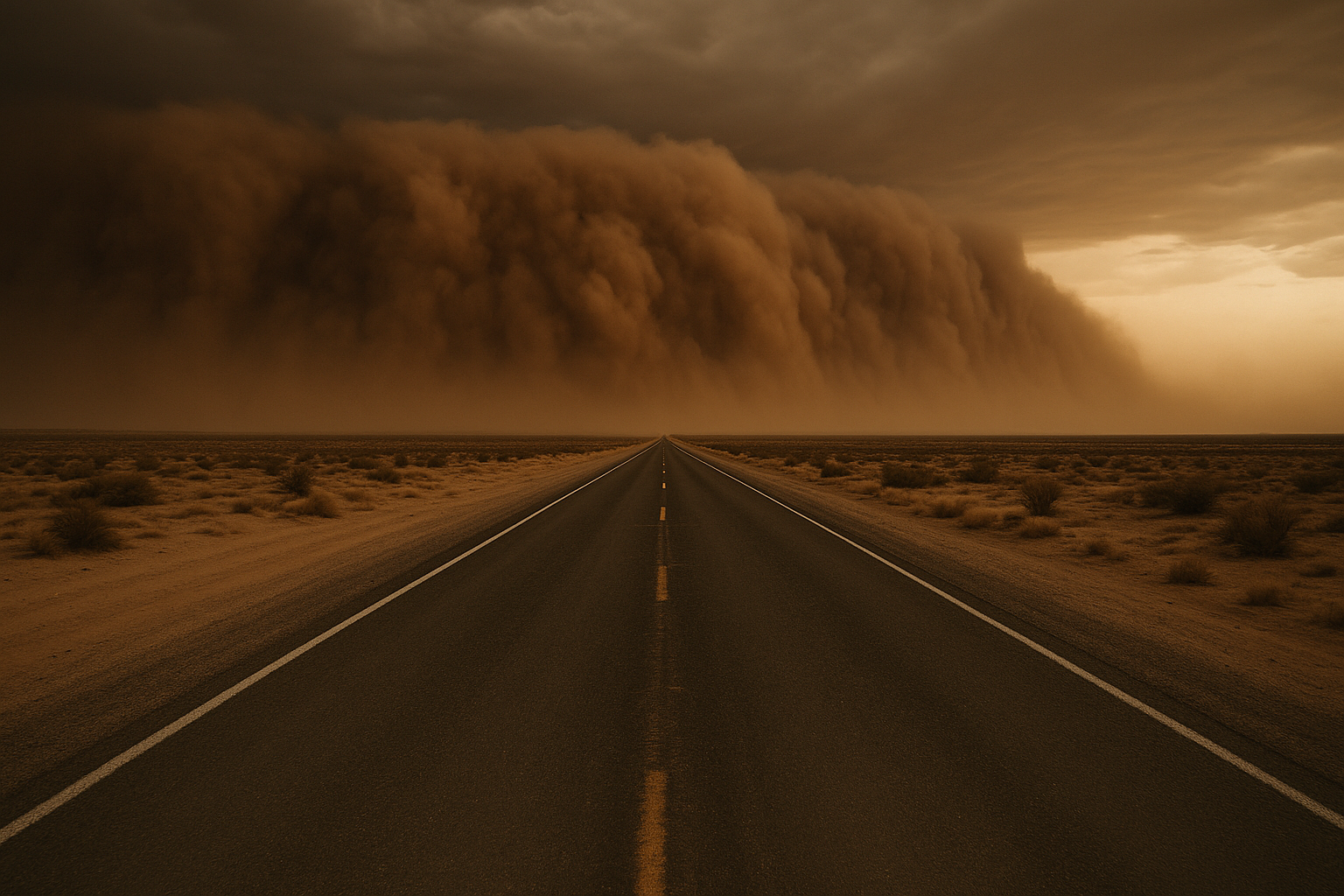 Wide desert highway at dusk with a massive brown dust wall approaching from the south, no vehicles or people visible, dramati