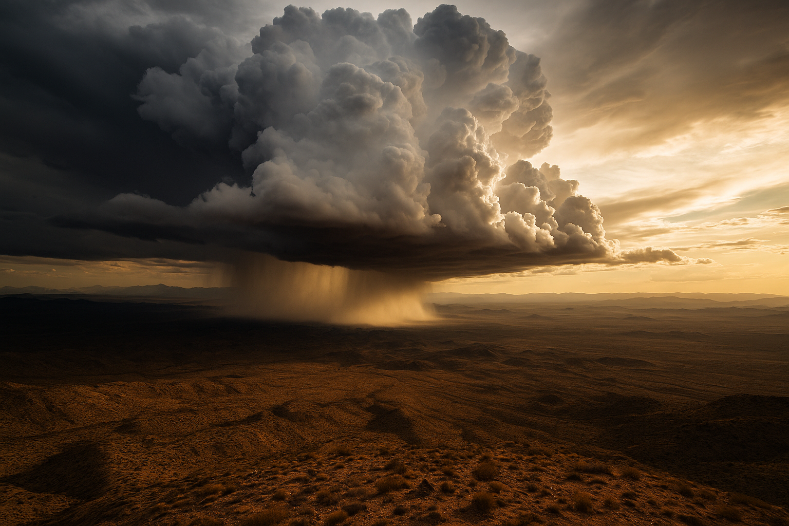 Wide aerial view of dark monsoon storm clouds building over a desert landscape at dusk, dramatic light, no people